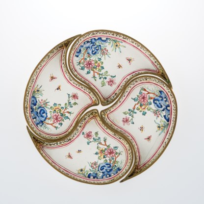 Sweetmeat set with flower, butterfly and scholars’ rock designs, China, 1750–1800 , Copper, painted enamel. Collection of Art Museum, The Chinese University of Hong Kong, Gift of Mr. Anthony K. W.  Ch