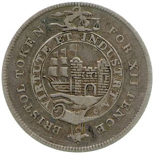 Obverse of a 19th-century silver shilling token of Bristol, Queens' College Collection, CM.QC.4014-R