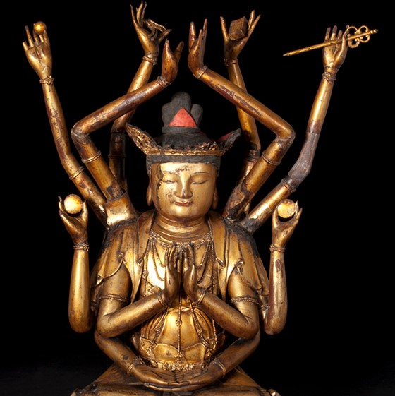 Tibet Buddhism bronze four hands Arm Kwan-Yin Guan Yin Bodhisattva Buddha Statue 