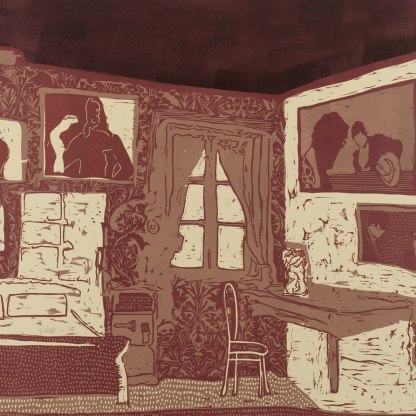 Woodcut with stencil and colour printing by the artist Jake Garfield. A bedroom and its furniture depicted in shades of cream, brown and rust.