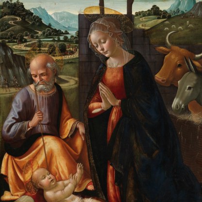A painting of a nativity scene, showing the baby Jesus with Mary and Joseph in a stable.