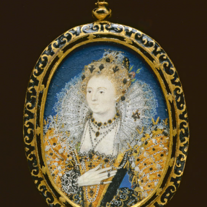 A miniature portrait of Queen Elizabeth I painted by Nicholas Hilliard. The Queen is wearing a Gold gown, a white ruff and lots of jewels.