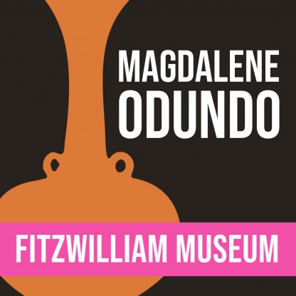 Image of an orange pot on a black background, with text saying 'Magdalene Odundo' and 'Fitzwilliam Museum'