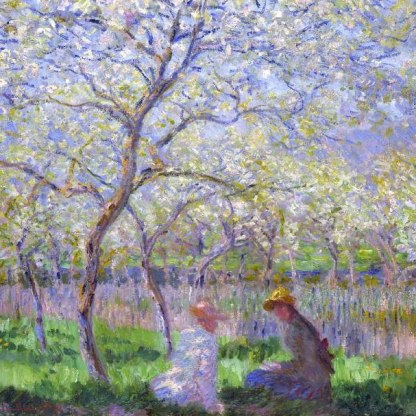 loose colourful painting of people sitting in an orchard