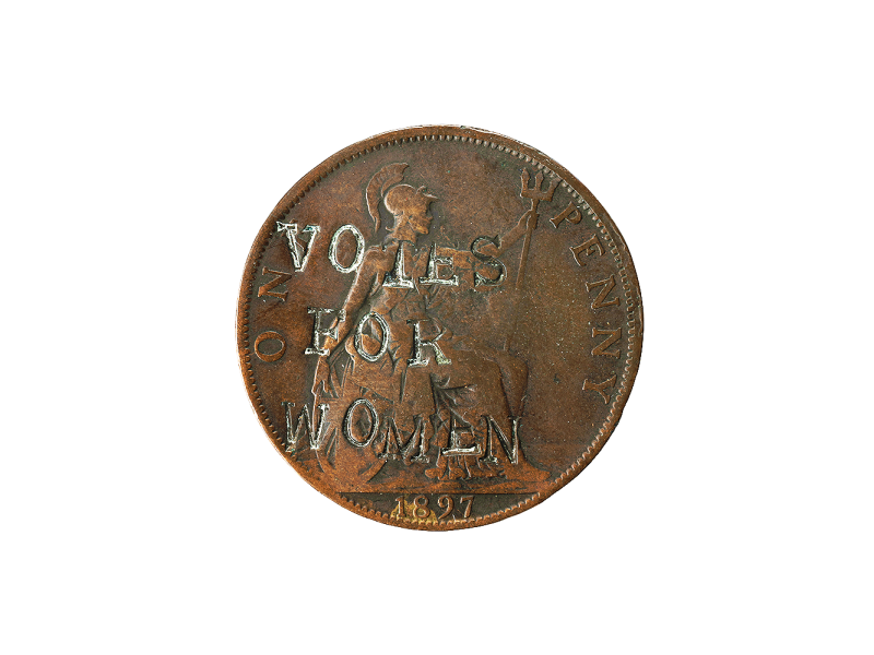 'VOTES FOR WOMEN', bronze penny, 1897