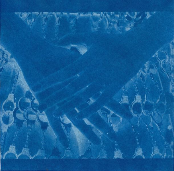 Cyanotype of Figure with bound hands_ cyanotype of image from La Esposa Esposada (‘The Handcuffed Wife’) project_ cyanotype of image from La Novia Puesta en Abismo (‘The Bride mise en abyme’) © Carmen Mariscal