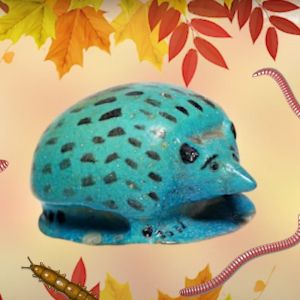 A fictional hedgehog inspired by an ancient Egyptian hedgehog in faience stone