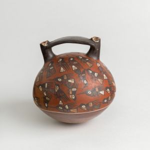 Double spout vessel, decorated with hummingbirds, unknown maker of the Nazca culture, made in Nazca Valley, Peru, 200 BCE–600 CE. Red clay, painted with slip