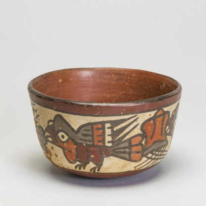 Bowl, decorated with  four birds Unknown maker of the Nazca culture made in Nazca Valley, Peru,  200 BCE–600 CE Local clay, with cream slip, painted