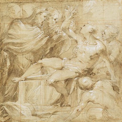 Valerio Castello (1624-59), The Martyrdom of Saint Lawrence, pen and brown ink and brown wash, heightened with white, over an underdrawing in black chalk, squared in red chalk