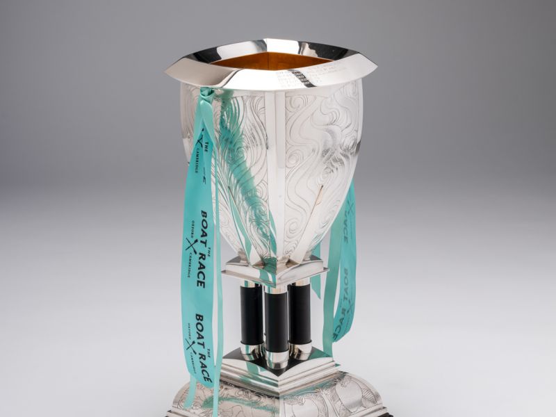 The Women’s Blue Boat Trophy with Light Blue ribbons attached