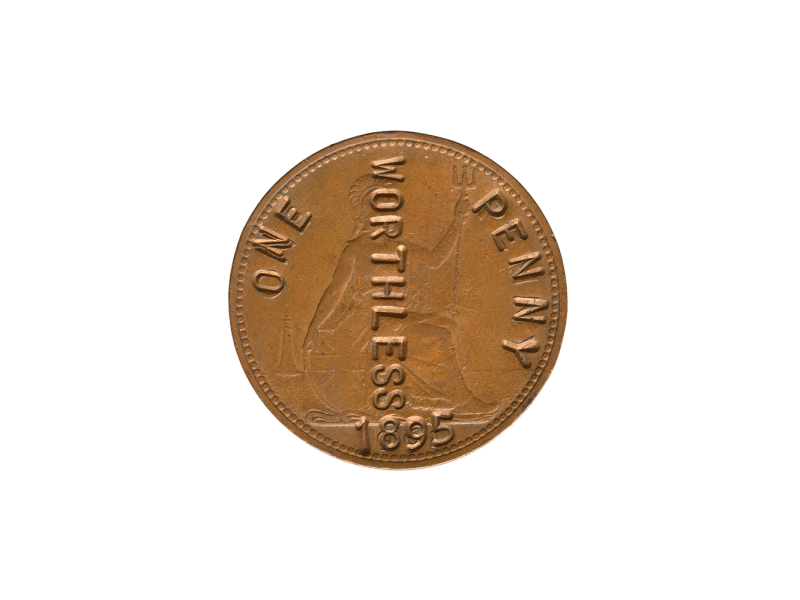 'WORTHLESS ONE PENNY 1895', one penny, 1961